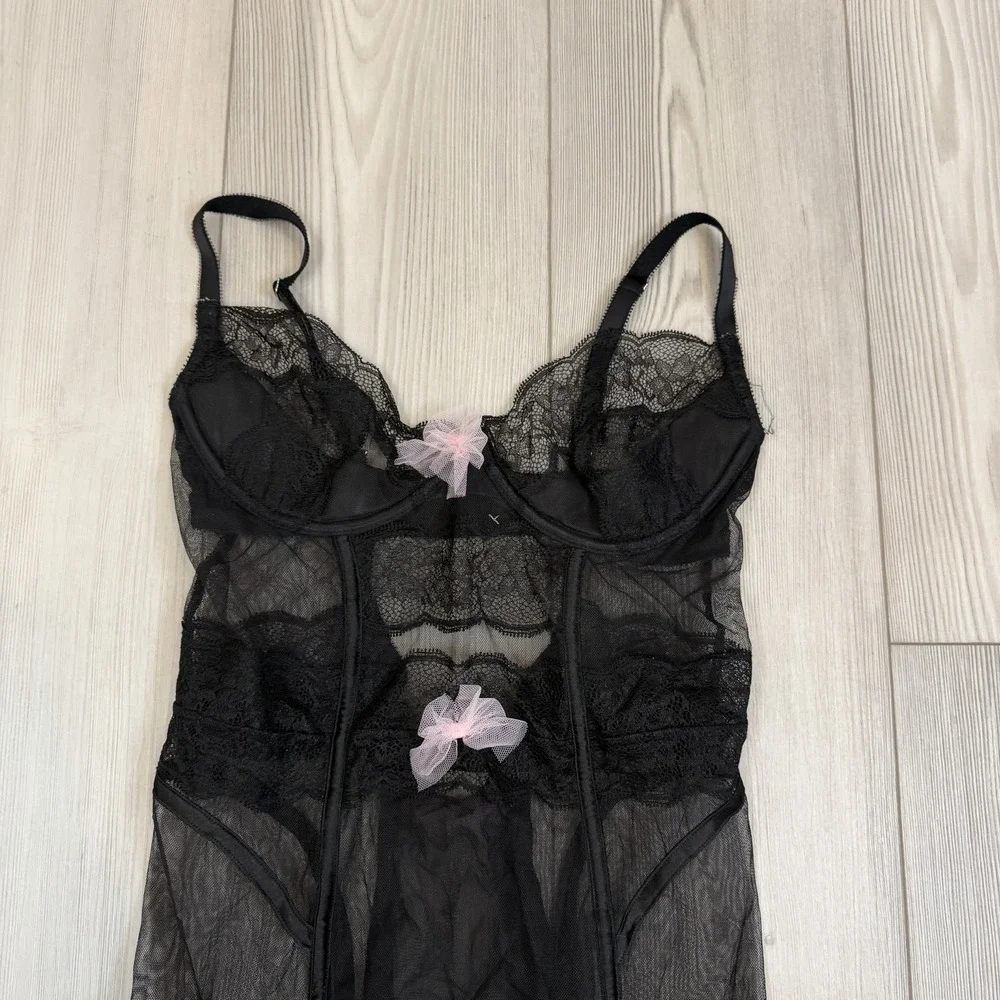Victoria Secret Black Garter Slip Chemise Babydoll 36C Underwire Y2K Lace‎